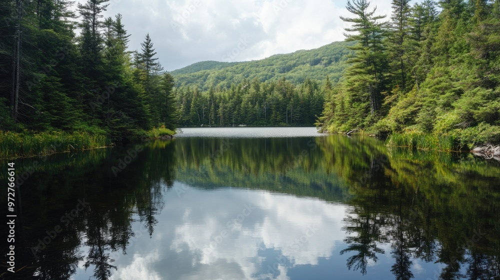 A tranquil lake surrounded by dense forest, with crystal-clear water reflecting the surrounding trees and the distant mountains A tranquil lake surrounded by dense forest, with crystal-clear water reflecting the surrounding trees and the distant mountains