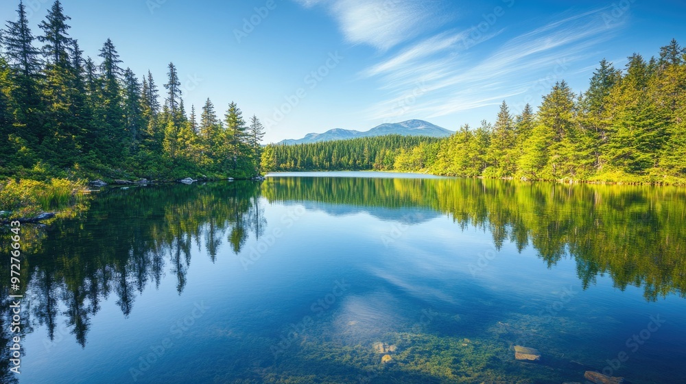 A tranquil lake surrounded by dense forest, with crystal-clear water reflecting the surrounding trees and the distant mountains A tranquil lake surrounded by dense forest, with crystal-clear water reflecting the surrounding trees and the distant mountains