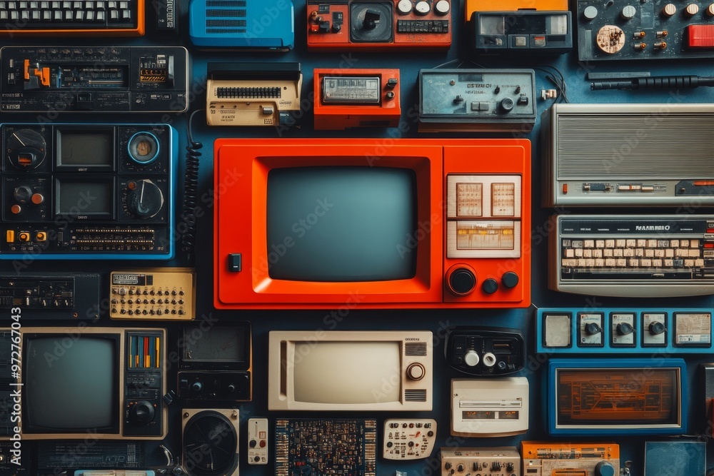 Fototapeta premium Retro Nostalgia: 80s and 90s Electronic Gadgets Background with Copy Space for Text