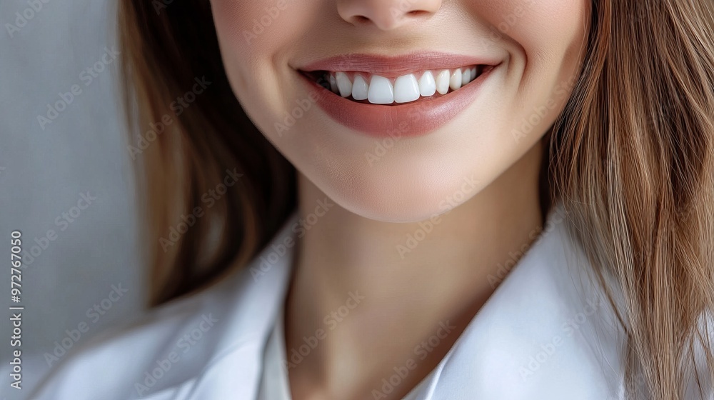 Close up cropped profile portrait of qualified doctor woman lick teeth white coat isolated on grey color background Close up cropped profile portrait of qualified doctor woman lick teeth white coat isolated on grey color background