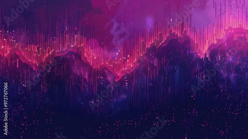 Pixel art cityscape with purple and pink tones at dusk. Digital artwork of skyscraper or cityscape with gradient purple neon light sky scape. Retro and gaming concept for design and print. AIG53.