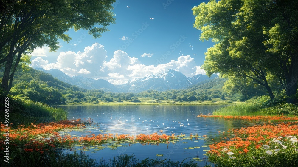 Serene landscape with mountains, lake, and vibrant flowers. Serene landscape with mountains, lake, and vibrant flowers.