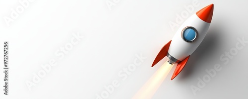 A rocket is illustrated soaring upwards on a white background, symbolizing a new business venture, rendered in a simple, yet dynamic design. ,copy space for text photo