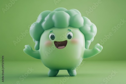 Green broccoli cartoon character on flat green background with text space. Funny mascot with eyes and smile. Stock illustration illustration.