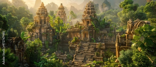 An intricate 3D model of an ancient temple, surrounded by lush greenery, its spires reaching towards the sky, basking in the warm glow of twilight