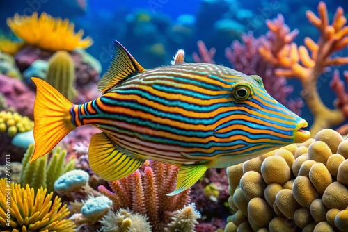 Vibrant leatherjacket fish swims in front of a coral reef, its bold yellow and brown stripes blending with photo