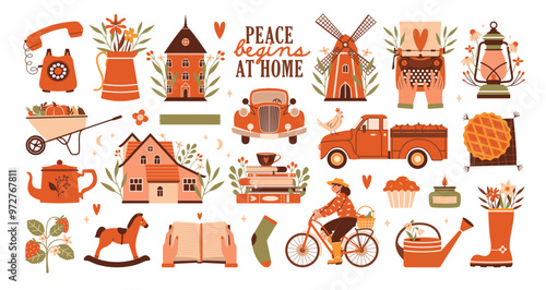 Cosy Home. Sweet Home. Collection of vector illustrations with houses, windmill, books, bakery, bicycle, pickup truck, car, typewriter, teapot, boot, flowers, plants. Autumn season. For cards, banners