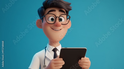 3d render of smart trustworthy doctor wearing glasses and holding blue clipboard. Caucasian male specialist. Medical clip art isolated on blue background.