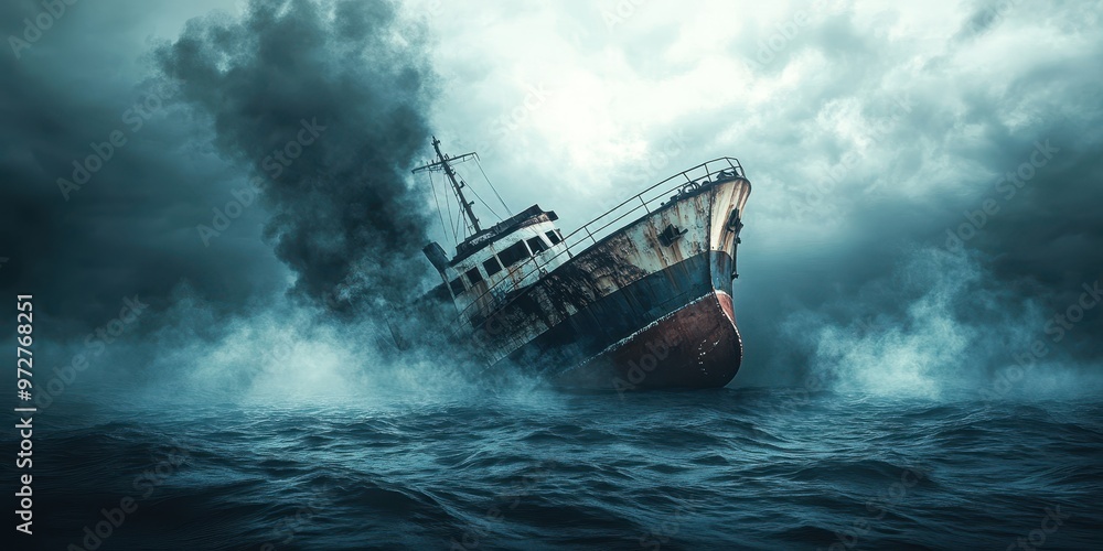 Naklejka premium A distressed ship battling tumultuous waves under dark, stormy skies, capturing the essence of maritime struggle and adventure.