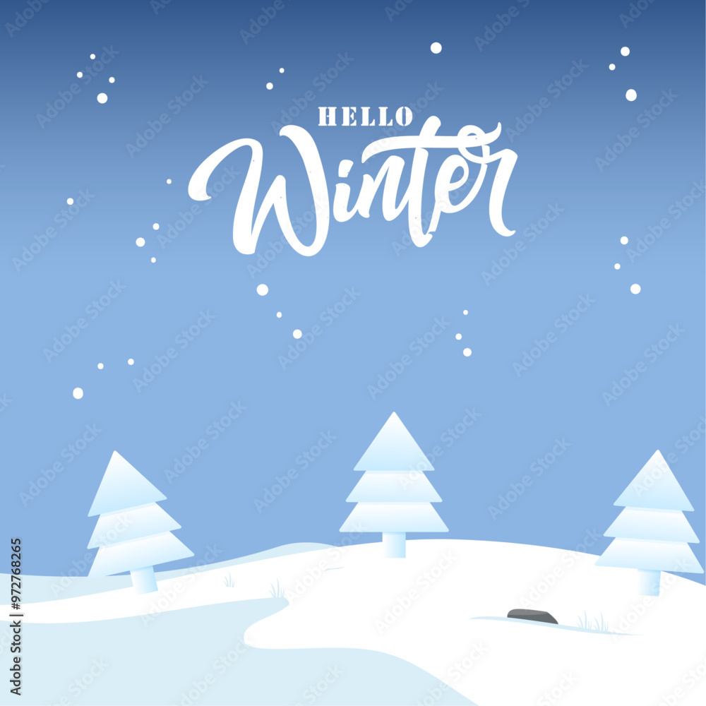 Blue background hello winter with trees covered in snow Blue background hello winter with trees covered in snow