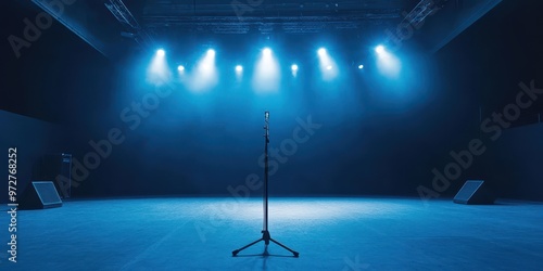 A dimly lit stage with blue spotlight shining on a microphone stand, creating an atmosphere of anticipation for a performance. photo