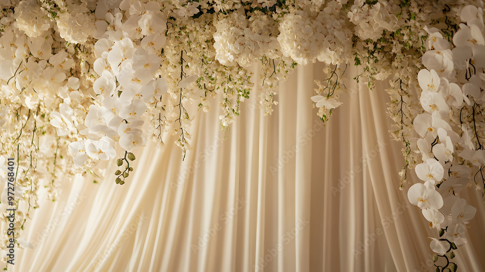 A backdrop of cascading white orchids and hydrangeas hanging above sheer beige curtains. A backdrop of cascading white orchids and hydrangeas hanging above sheer beige curtains.