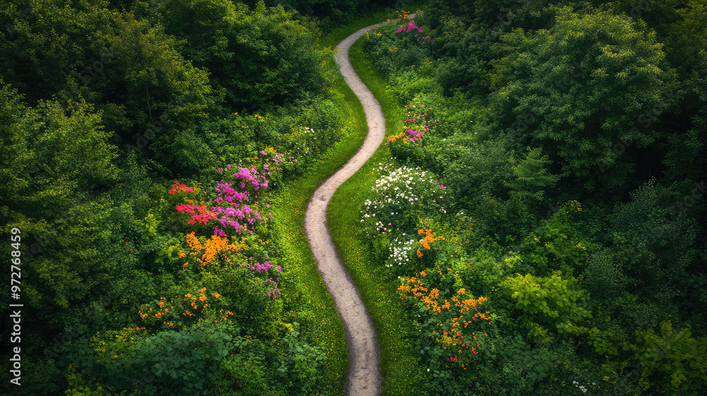 An aerial view reveals a picturesque winding path through a lush meadow, surrounded by a vibrant display of colorful blossoms. An aerial view reveals a picturesque winding path through a lush meadow, surrounded by a vibrant display of colorful blossoms.