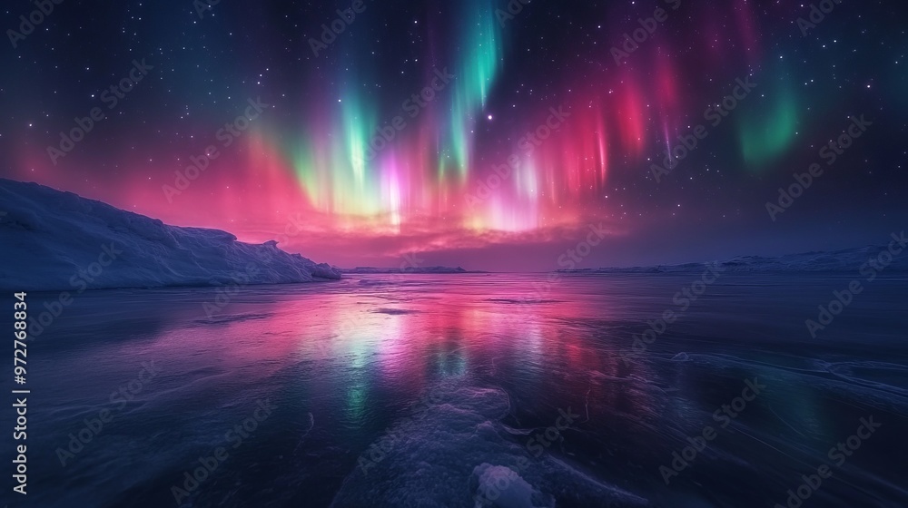 Northern lights dancing across a starry sky above a frozen lake, with the colorful lights reflecting off the ice and snow. 4K hyperrealistic photo. Northern lights dancing across a starry sky above a frozen lake, with the colorful lights reflecting off the ice and snow. 4K hyperrealistic photo.