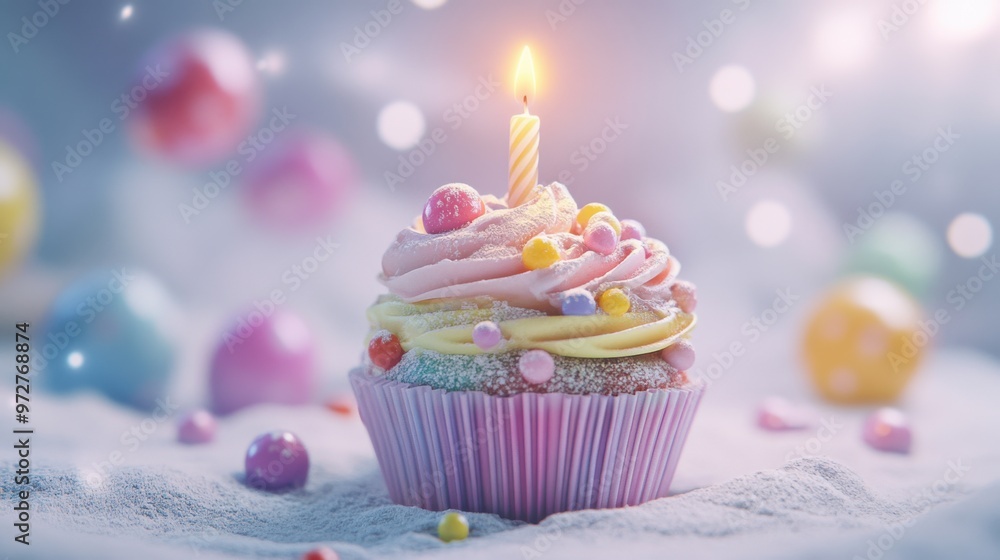 A whimsical birthday cupcake with pastel icing, a single lit candle, and festive A whimsical birthday cupcake with pastel icing, a single lit candle, and festive