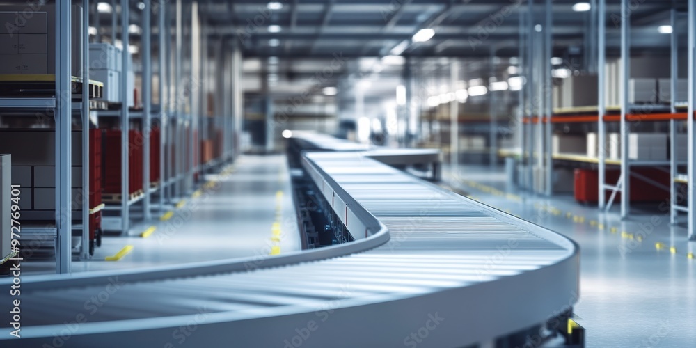 Obraz premium A modern warehouse interior showcasing a conveyor belt system for efficient material handling and sorting.