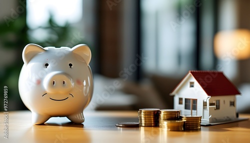 Building savings for a dream home with a piggy bank, cash stacks, and a miniature house model on a table amidst a soft blurred backdrop photo