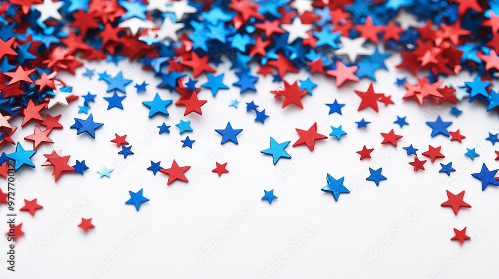 A patriotic array of scattered red, white, and blue stars on a clean white backdrop A patriotic array of scattered red, white, and blue stars on a clean white backdrop