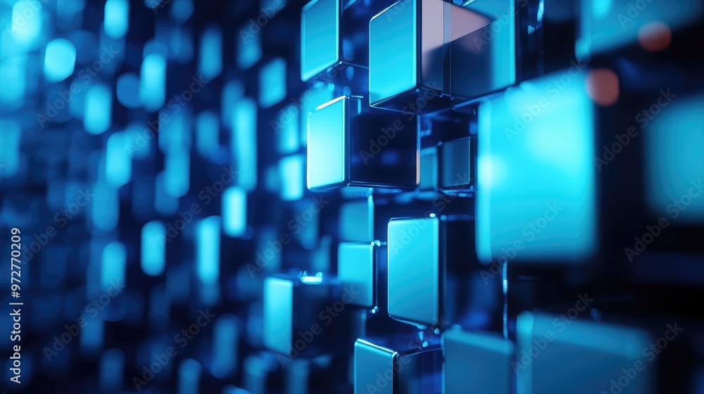 Abstract 3D rendering of a blue and metallic wall of cubes. Abstract 3D rendering of a blue and metallic wall of cubes.