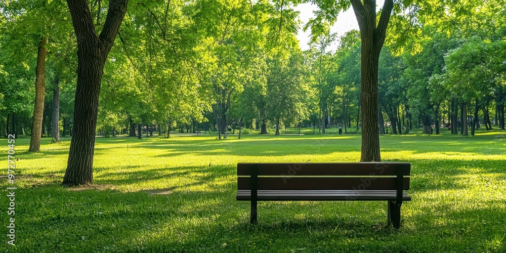 A serene park scene featuring a wooden bench surrounded by lush green trees and grass, perfect for relaxation and nature appreciation. A serene park scene featuring a wooden bench surrounded by lush green trees and grass, perfect for relaxation and nature appreciation.