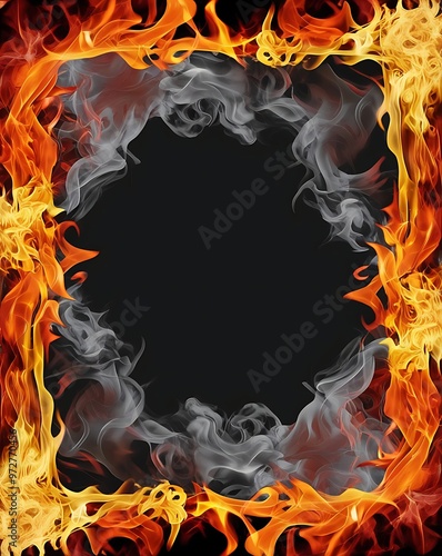 Illustration with a rectangular layout featuring a black background framed by vibrant, realistic flames in red, orange, and yellow, with dynamic smoke wisps. Ideal for fire or heat-themed designs.