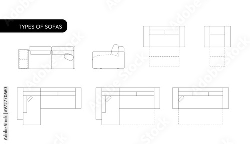 Illustration features detailed architectural drawings of seven different types of sofas, perfect for use in interior design plans and architectural layouts. The clean, precise outlines make it an idea