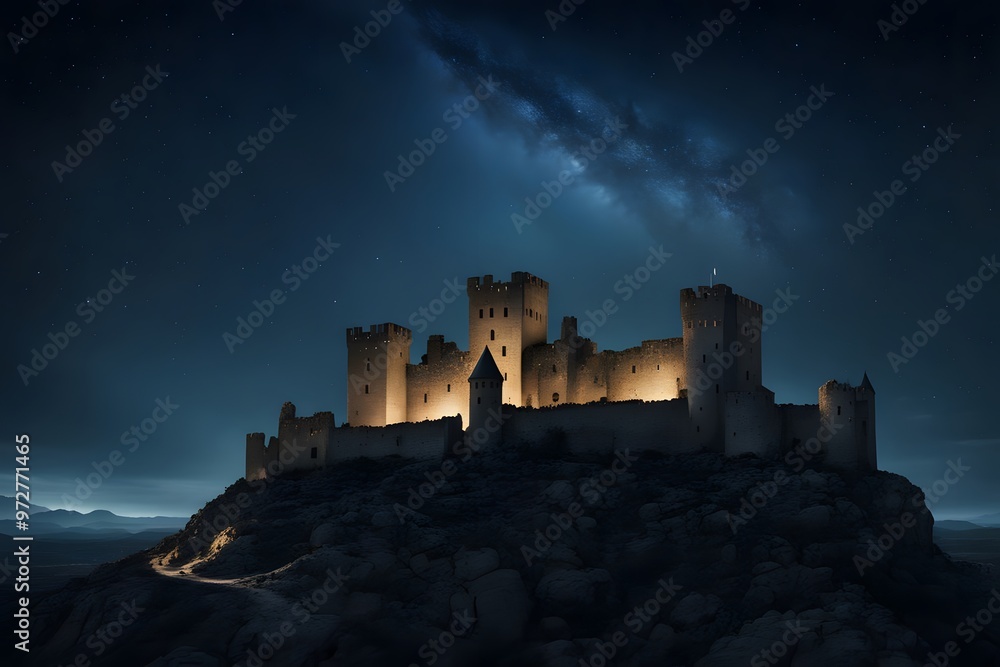 Obraz premium A dark starry night over an ancient castle with stars shimmering, Ai Generated