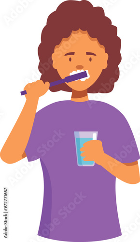 Young woman is brushing her teeth with a toothbrush and holding a glass of water in her other hand, promoting good oral hygiene practices