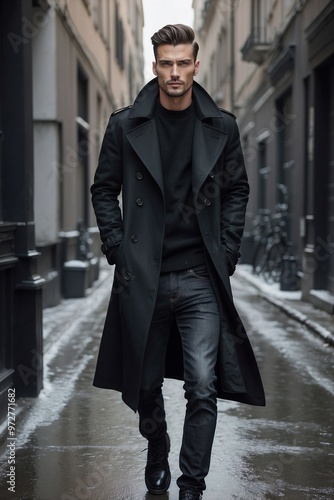 Elegant Man in Black Coat and Pants with Hands in Pockets