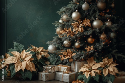 A Christmas tree decorated with metallic gold and silver ornaments, poinsettias flowersat, presents under the tree, dark green background photo