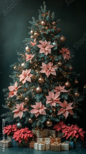 A Christmas tree decorated with metallic gold and silver ornaments, poinsettias flowersat, presents under the tree, dark green background photo