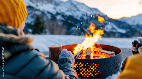 a man and woman sipping hot chocolate next to a crackling fire pit, bundled up in winter clothing while enjoying a snowy mountain backdrop photo