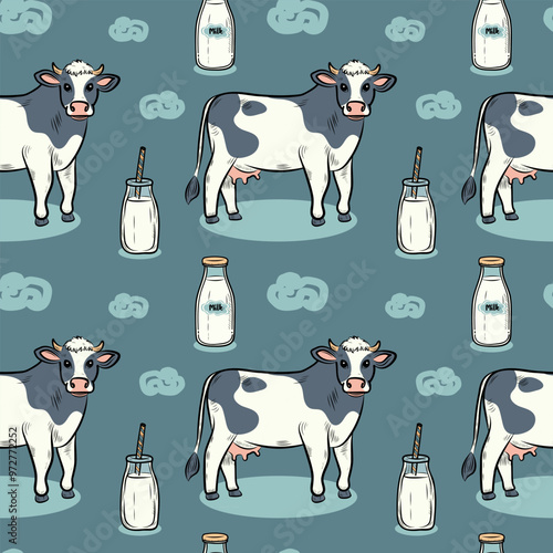 Seamless pattern cow, milk, moo, clouds, stars, moon, vector flat pattern for fabric, packaging, stationery.