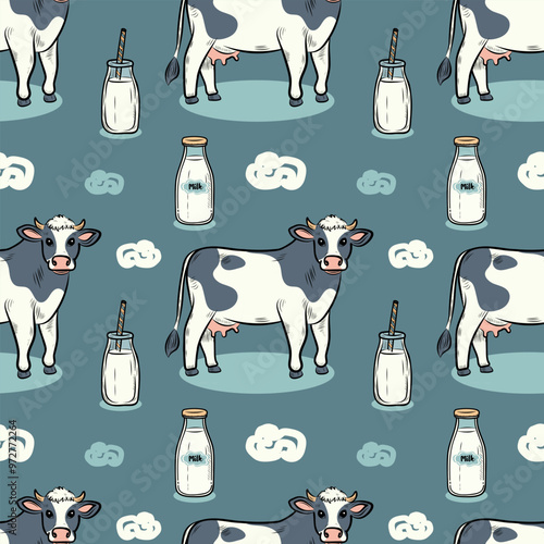 Seamless pattern cow, milk, moo, clouds, stars, moon, vector flat pattern for fabric, packaging, stationery.