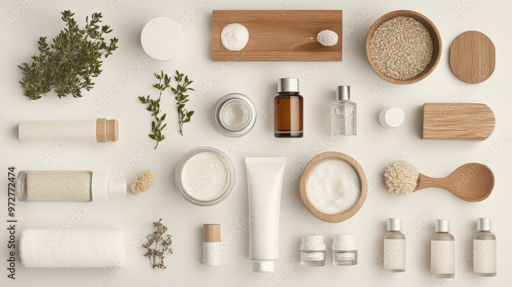 A natural skincare routine, showing a step-by-step layout of products from cleanser to moisturizer, all derived from organic ingredients A natural skincare routine, showing a step-by-step layout of products from cleanser to moisturizer, all derived from organic ingredients
