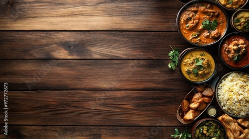 Indian food dishes on a wooden table with copy space.