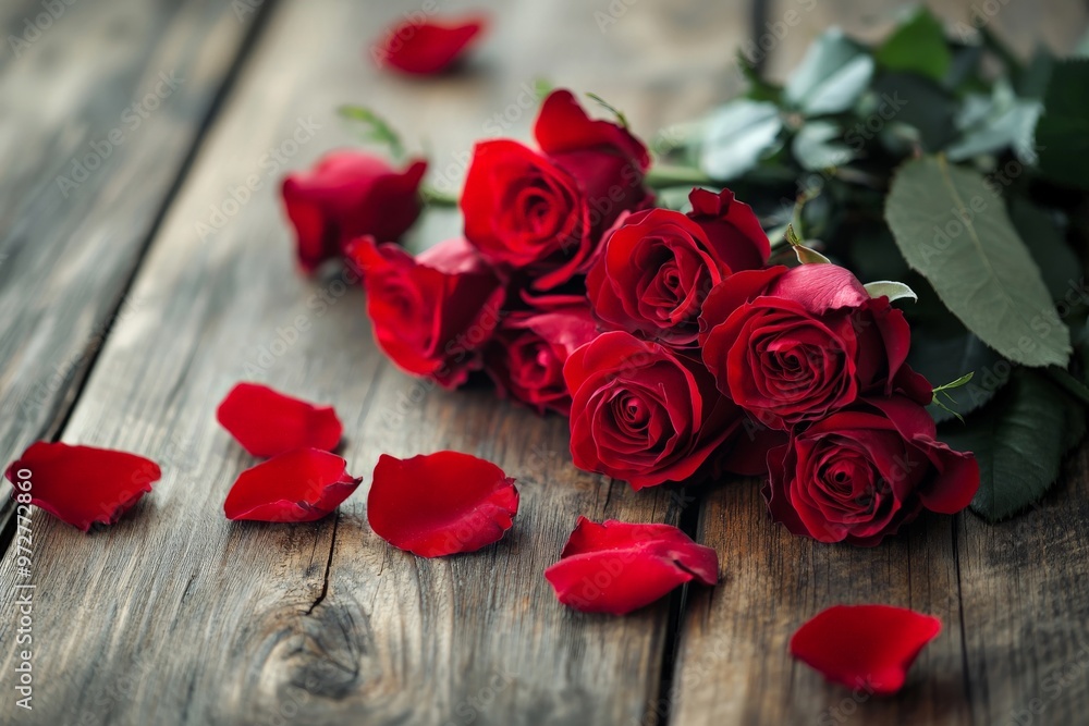 A bouquet of red roses lying on a wooden table, petals soft and fragrant A bouquet of red roses lying on a wooden table, petals soft and fragrant