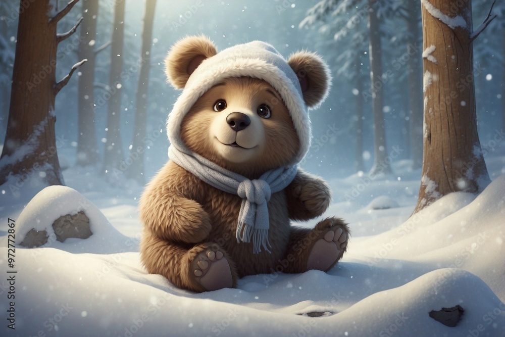 Cute Bear Cub Sitting on Snow Against a New Year Forest Background Cute Bear Cub Sitting on Snow Against a New Year Forest Background