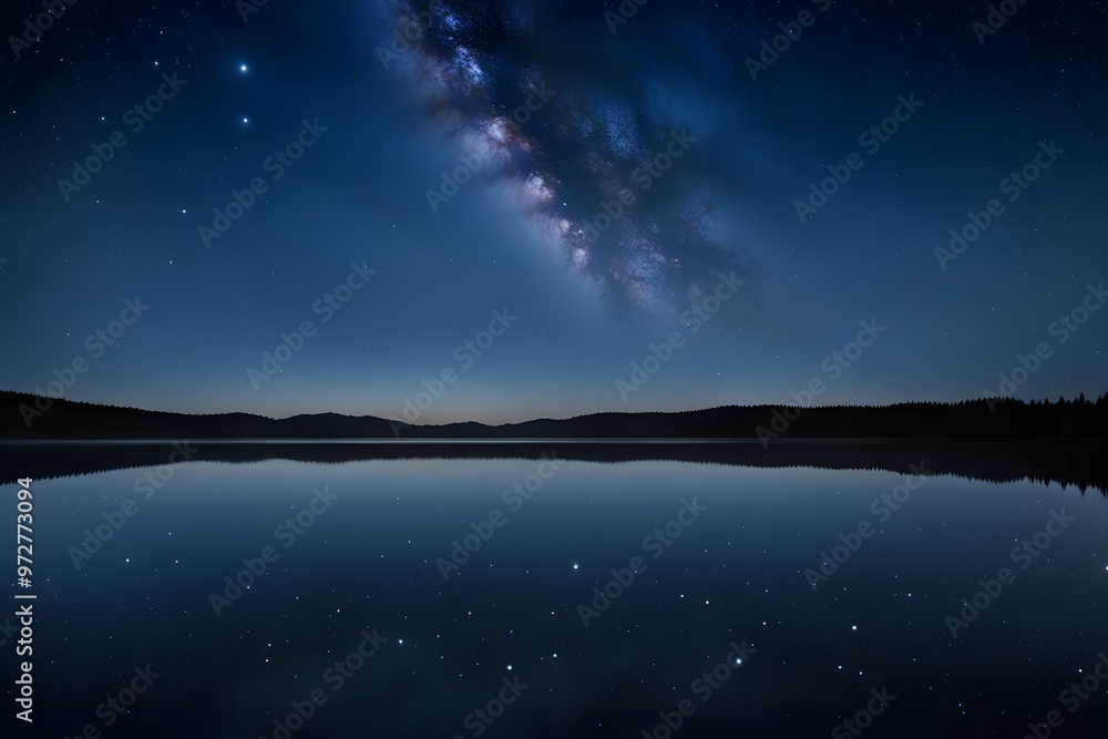 A deep blue sky filled with thousands of stars twinkling over the calm still surface, AI Generated