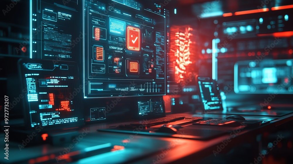 Security alert hologram with glowing business dashboard icons, system hacked Security alert hologram with glowing business dashboard icons, system hacked