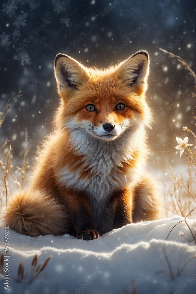 Cute Fluffy Fox Cub Lying on Sparkling Snow Among Snowflakes and Shimmering Lights Cute Fluffy Fox Cub Lying on Sparkling Snow Among Snowflakes and Shimmering Lights