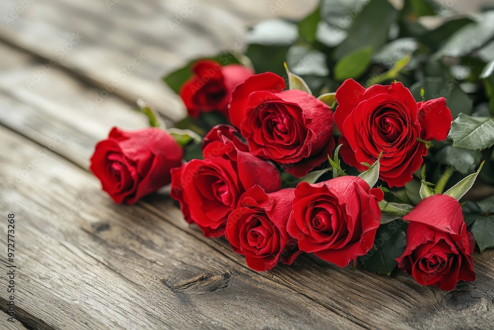 A bouquet of red roses lying on a wooden table, petals soft and fragrant A bouquet of red roses lying on a wooden table, petals soft and fragrant