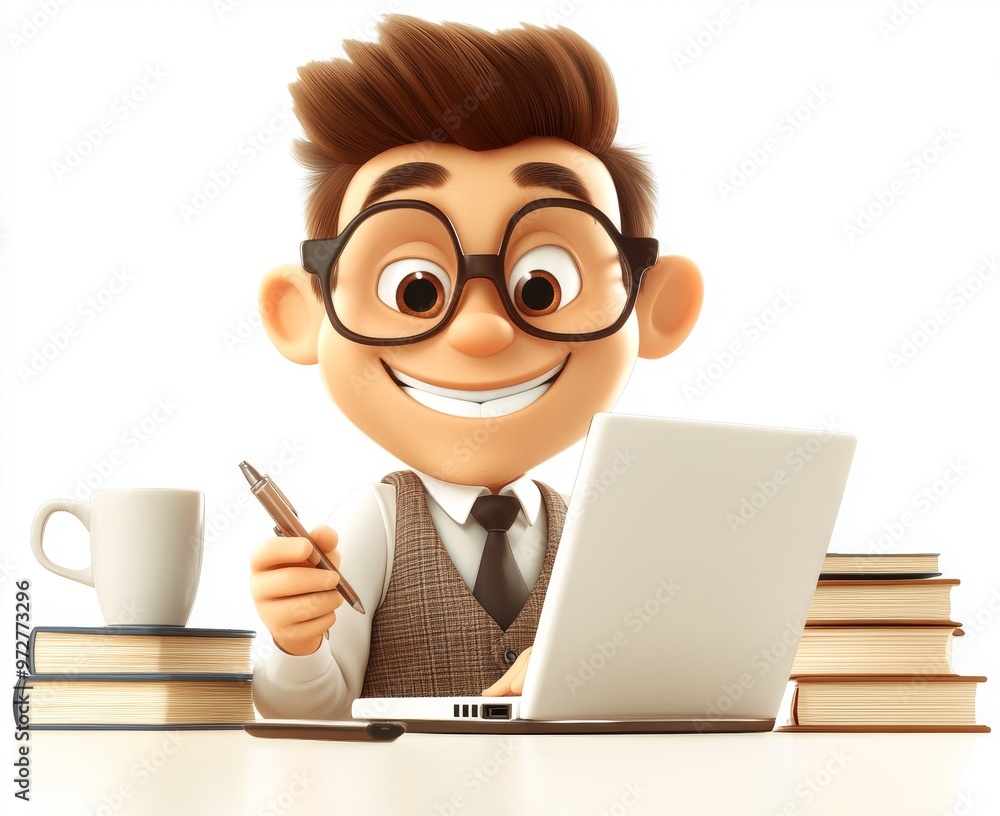 Characterized by a 3D cartoon of a young man working on a table with laptop equipment, etc. Characterized by a 3D cartoon of a young man working on a table with laptop equipment, etc.