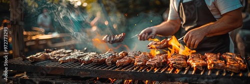A grill master skillfully flips multiple succulent racks of ribs over an open flame, with smoky air and vibrant atmosphere, capturing a lively and engaging BBQ event.
