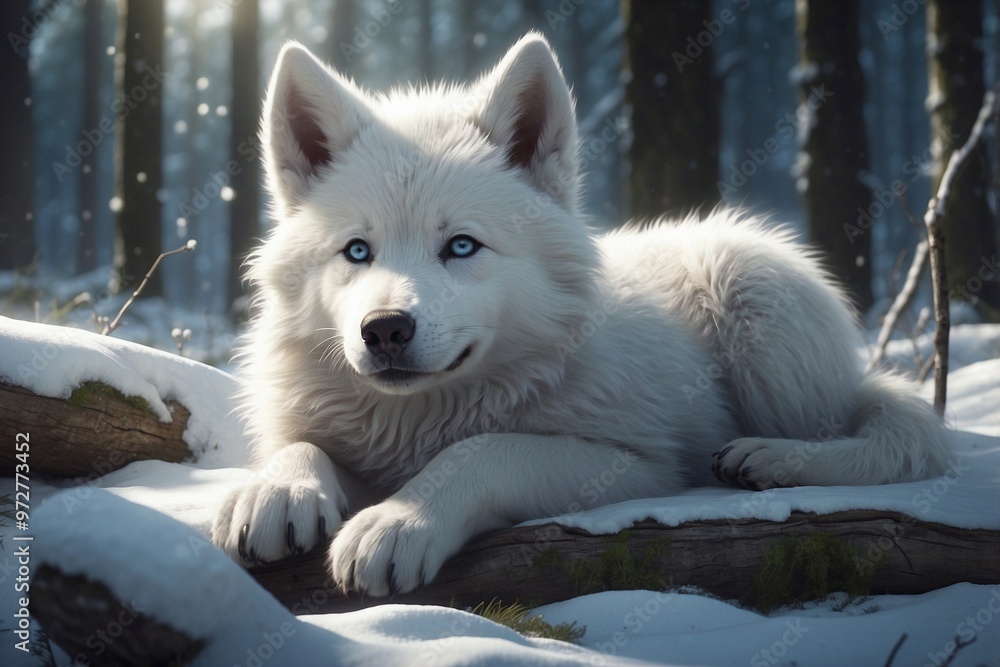 Obraz premium Charming Winter Wolf Pup. Cute Fluffy White Wolf Pup Nestled in a Snowy Forest