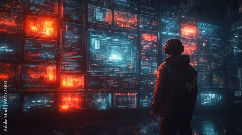 A figure observes glowing screens in a futuristic, rainy environment.