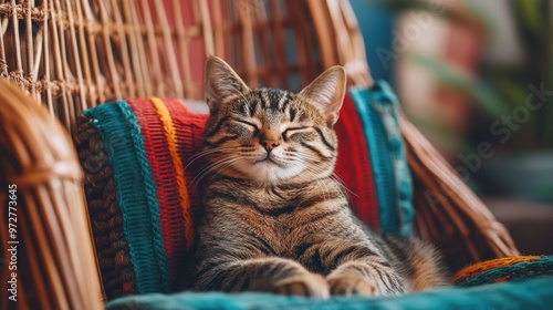 Cozy tabby cat basking on a colorful wicker chair, evoking a warm and homely setting perfect for pet lovers photo