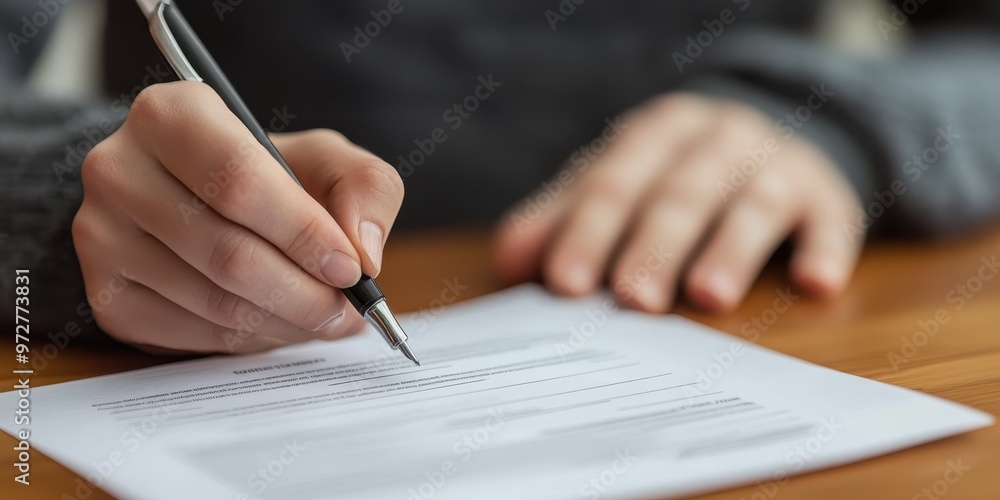 An individual focused on completing a document, highlighting concentration and productivity in a professional setting. An individual focused on completing a document, highlighting concentration and productivity in a professional setting.