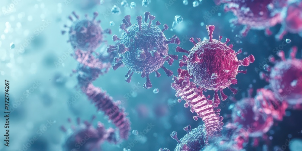 Close-up of a vibrant virus structure in a colorful microscopic view, showcasing detailed features and dynamic movement. Close-up of a vibrant virus structure in a colorful microscopic view, showcasing detailed features and dynamic movement.