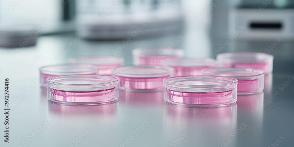 Close-up of petri dishes containing pink media, used in scientific research and microbiology experiments. Close-up of petri dishes containing pink media, used in scientific research and microbiology experiments.